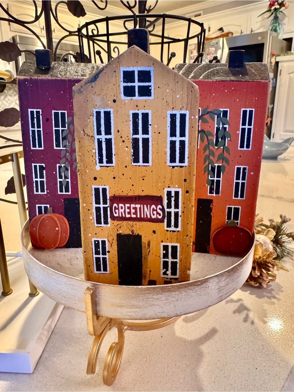 Halloween Fall Home Holiday 'Greetings' Painted Wooden House Trio Set